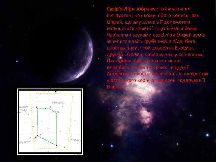 Сузір’я Ліри зображує той музичний інструмент, на якому нібито колись грав Орфей, що змушував