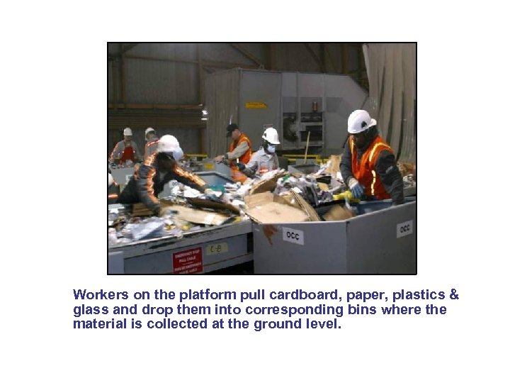 Workers on the platform pull cardboard, paper, plastics & glass and drop them into