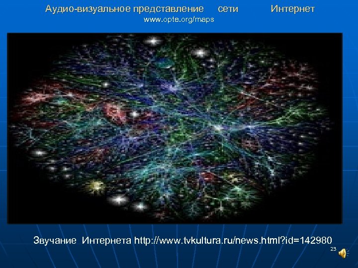  Аудио-визуальное представление сети Интернет www. opte. org/maps Звучание Интернета http: //www. tvkultura. ru/news.