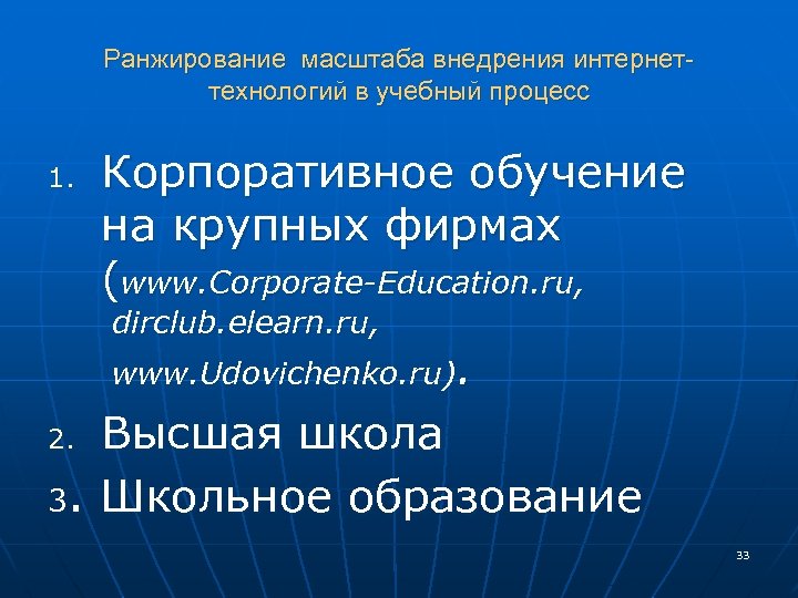 Ранжирование масштаба внедрения интернеттехнологий в учебный процесс 1. Корпоративное обучение на крупных фирмах (www.