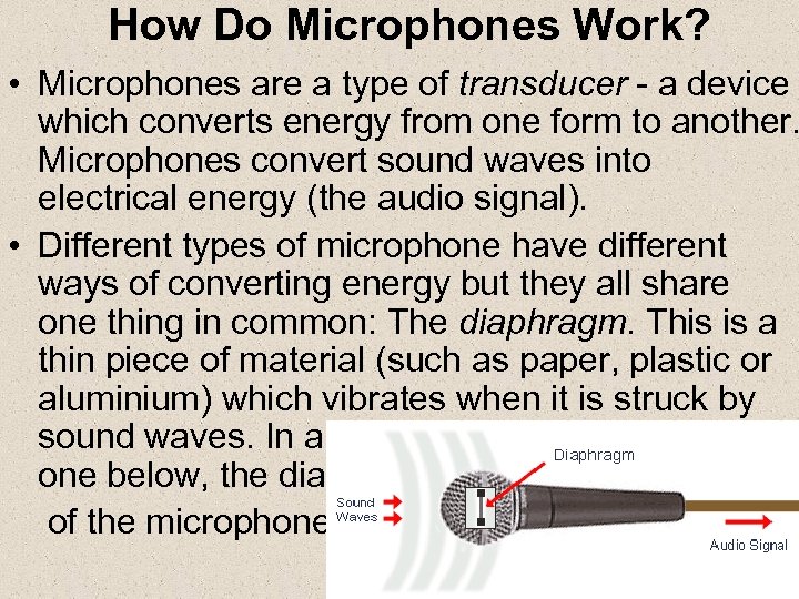 How Do Microphones Work? • Microphones are a type of transducer - a device