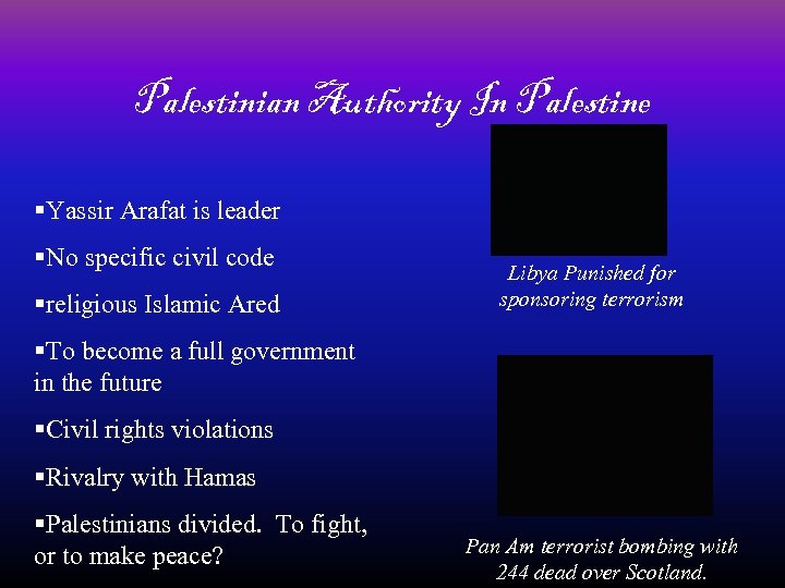 Palestinian Authority In Palestine §Yassir Arafat is leader §No specific civil code §religious Islamic