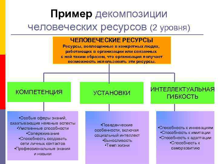 Пример декомпозиции человеческих ресурсов (2 уровня) ЧЕЛОВЕЧЕСКИЕ РЕСУРСЫ Ресурсы, воплощенные в конкретных людях, работающих