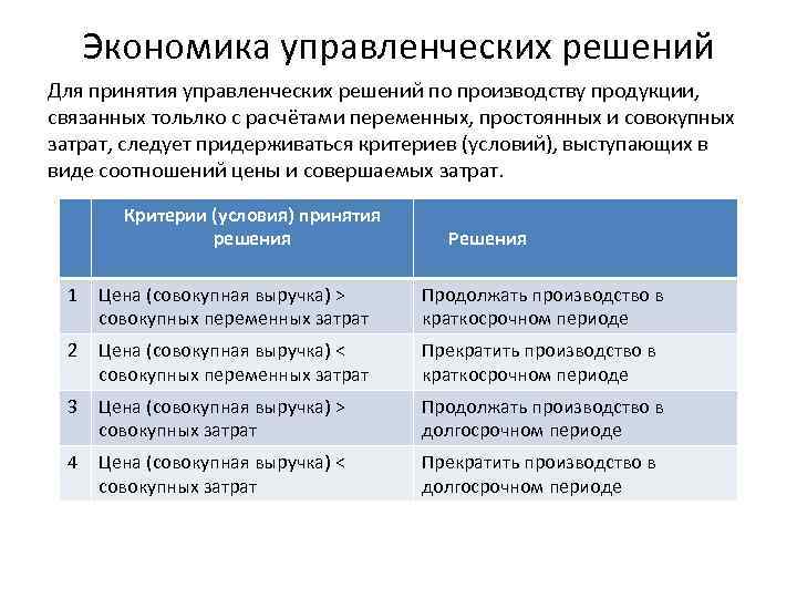 Экономика управленческих решений Для принятия управленческих решений по производству продукции, связанных тольлко с расчётами