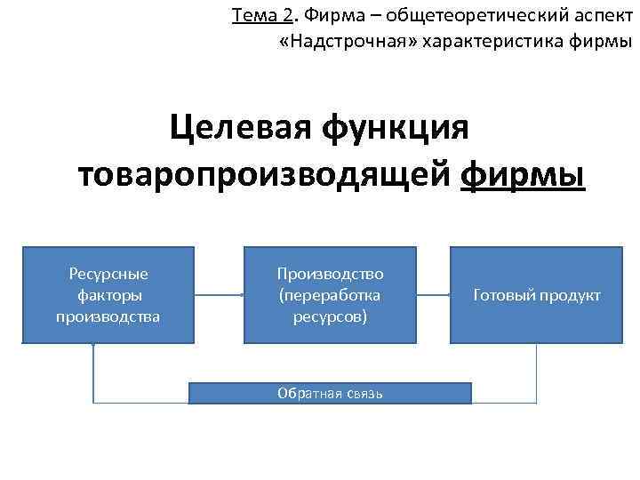 Тема 2. Фирма – общетеоретический аспект «Надстрочная» характеристика фирмы Целевая функция товаропроизводящей фирмы Ресурсные
