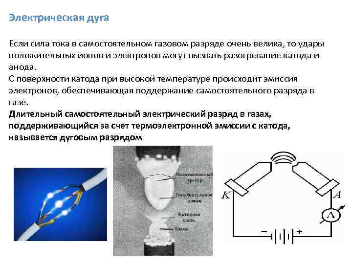 Электрическая дуга Если сила тока в самостоятельном газовом разряде очень велика, то удары положительных