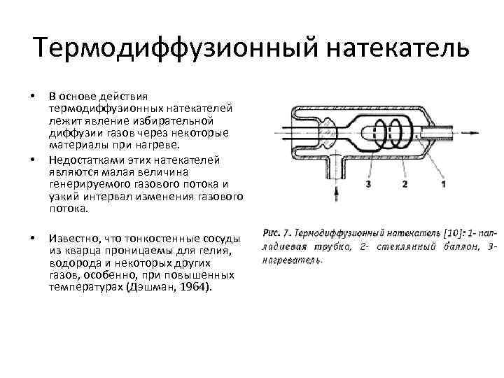 Термодиффузионный натекатель • • • В основе действия термодиффузионных натекателей лежит явление избирательной диффузии