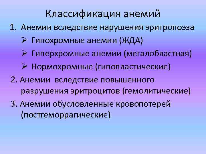 Классификация анемий 1. Анемии вследствие нарушения эритропоэза Ø Гипохромные анемии (ЖДА) Ø Гиперхромные анемии