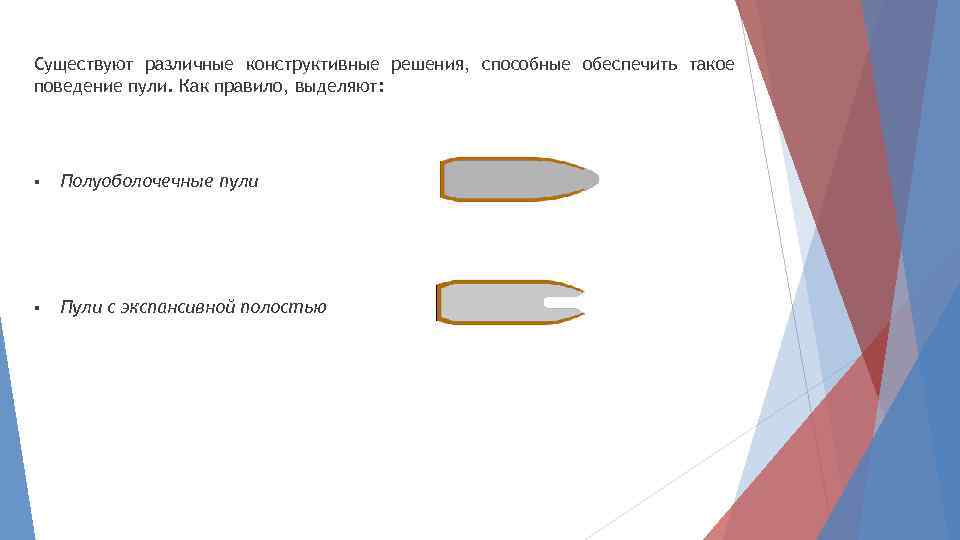 Существуют различные конструктивные решения, способные обеспечить такое поведение пули. Как правило, выделяют: § Полуоболочечные