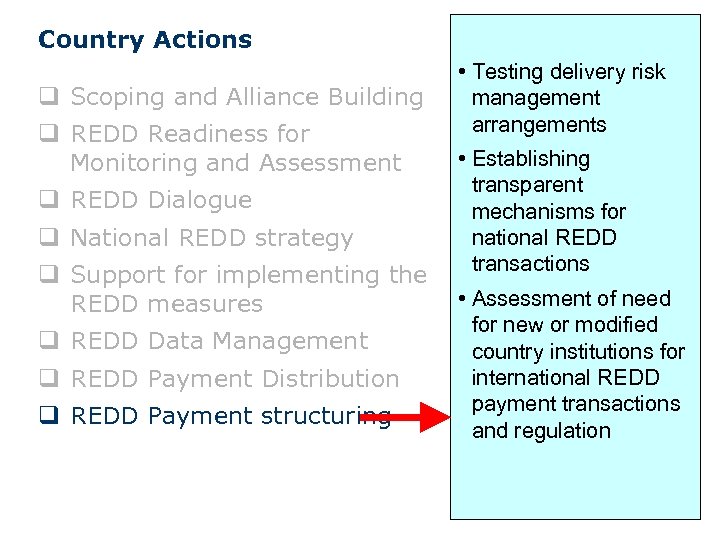 Country Actions q Scoping and Alliance Building q REDD Readiness for Monitoring and Assessment
