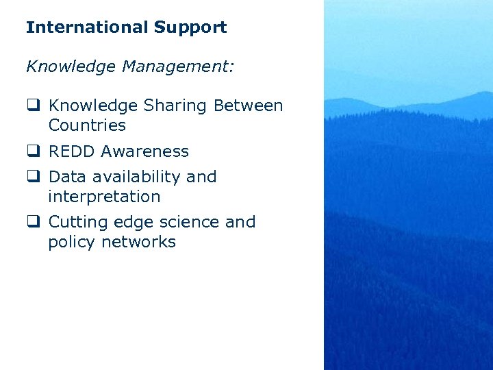 International Support Knowledge Management: q Knowledge Sharing Between Countries q REDD Awareness q Data