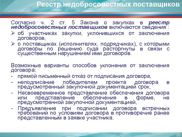 Реестр недобросовестных поставщиков Согласно ч. 2 ст. 5 Закона о закупках в реестр недобросовестных