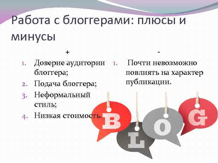 Работа с блоггерами: плюсы и минусы + 1. Доверие аудитории блоггера; 2. Подача блоггера;