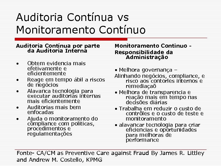 Auditoria Contínua vs Monitoramento Contínuo Auditoria Contínua por parte da Auditoria Interna • •