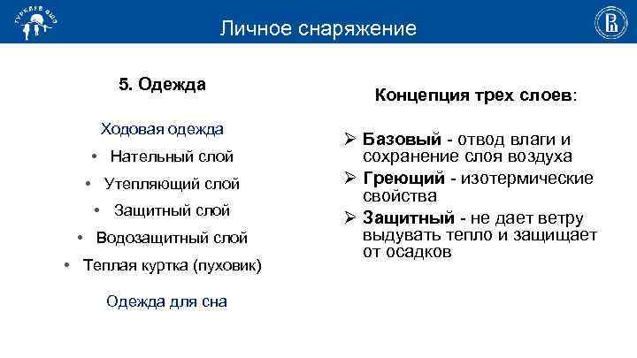 Личное снаряжение 5. Одежда Ходовая одежда • Нательный слой • Утепляющий слой • Защитный