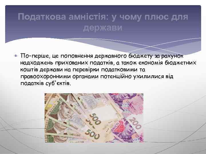 Податкова амністія: у чому плюс для держави По-перше, це поповнення державного бюджету за рахунок