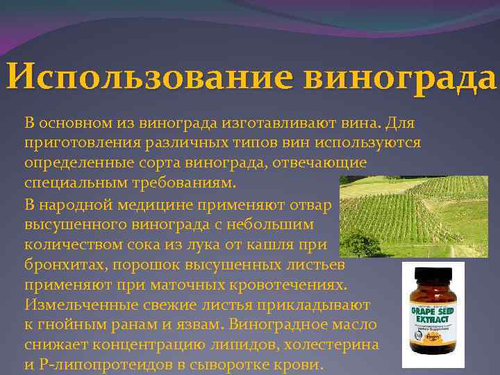 Использование винограда В основном из винограда изготавливают вина. Для приготовления различных типов вин используются