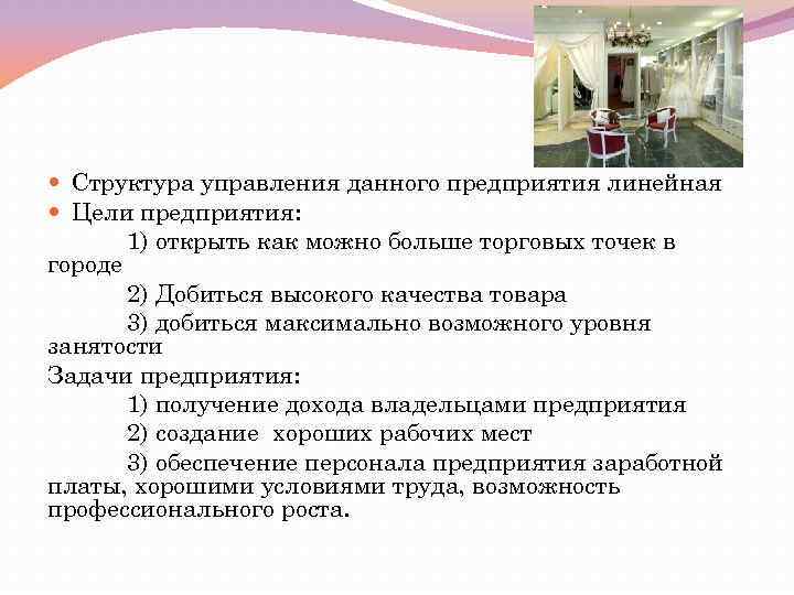  Структура управления данного предприятия линейная Цели предприятия: 1) открыть как можно больше торговых