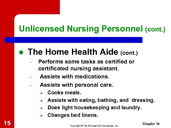 Unlicensed Nursing Personnel (cont. ) l The Home Health Aide (cont. ) – –