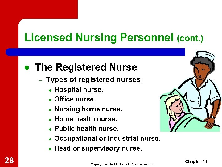 Licensed Nursing Personnel (cont. ) l The Registered Nurse – Types of registered nurses: