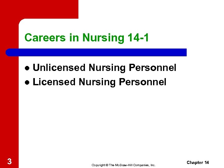 Careers in Nursing 14 -1 Unlicensed Nursing Personnel l Licensed Nursing Personnel l 3