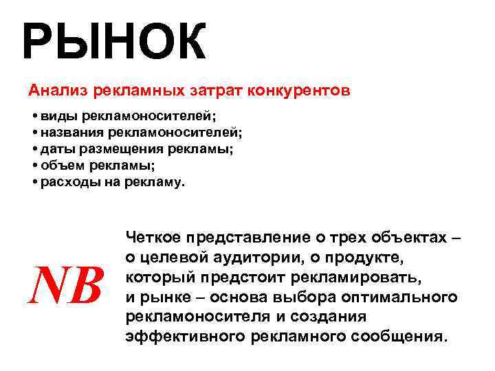 РЫНОК Анализ рекламных затрат конкурентов • виды рекламоносителей; • названия рекламоносителей; • даты размещения