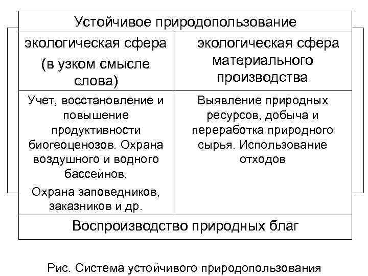 Устойчивое природопользование экологическая сфера материального (в узком смысле производства слова) Учет, восстановление и повышение