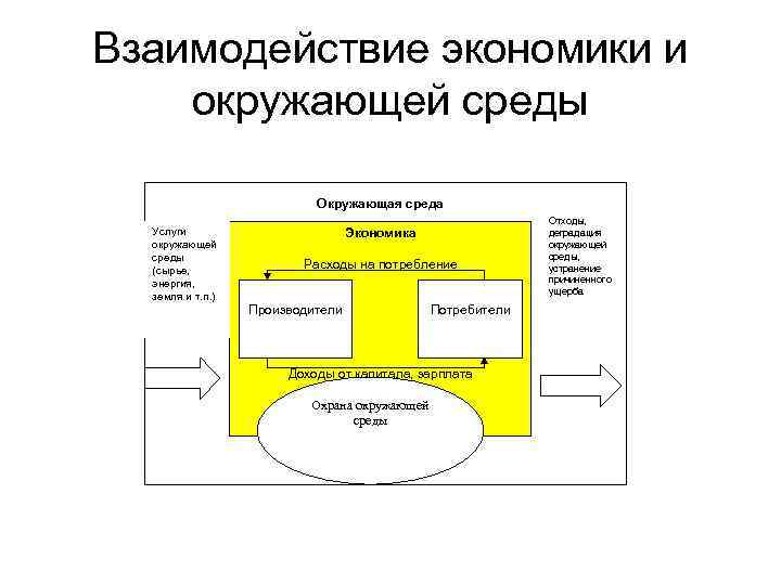 Взаимодействие экономики и окружающей среды Окружающая среда Услуги окружающей среды (сырье, энергия, земля и