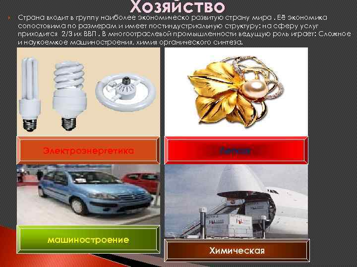  Хозяйство Страна входит в группу наиболее экономическо развитую страну мира. Её экономика сопостовима