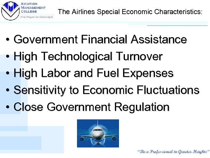 The Airlines Special Economic Characteristics: • Government Financial Assistance • High Technological Turnover •