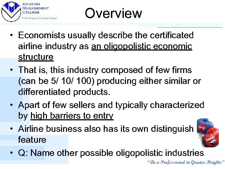 Overview • Economists usually describe the certificated airline industry as an oligopolistic economic structure