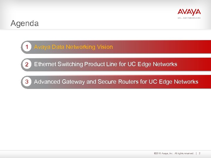 Agenda 1 Avaya Data Networking Vision 2 Ethernet Switching Product Line for UC Edge
