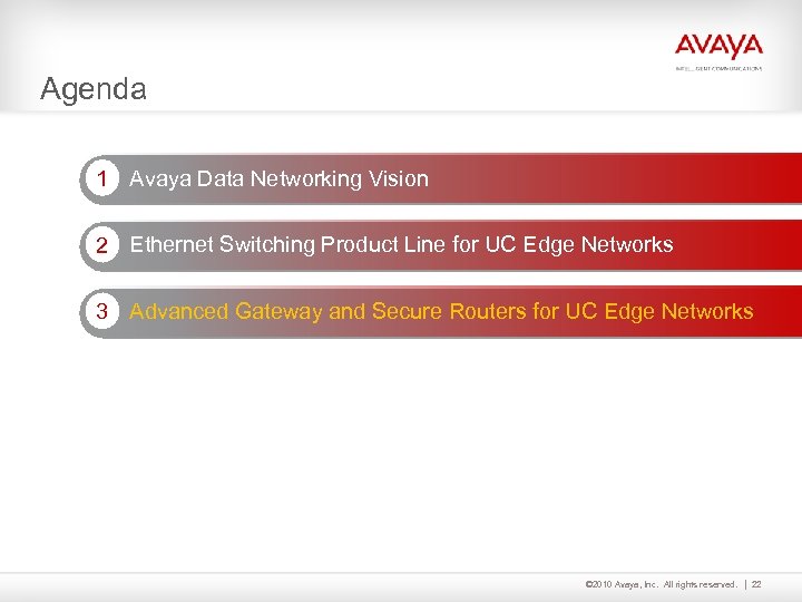 Agenda 1 Avaya Data Networking Vision 2 Ethernet Switching Product Line for UC Edge