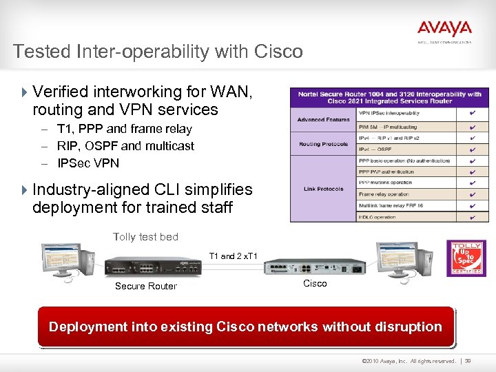 Tested Inter-operability with Cisco 4 Verified interworking for WAN, routing and VPN services –