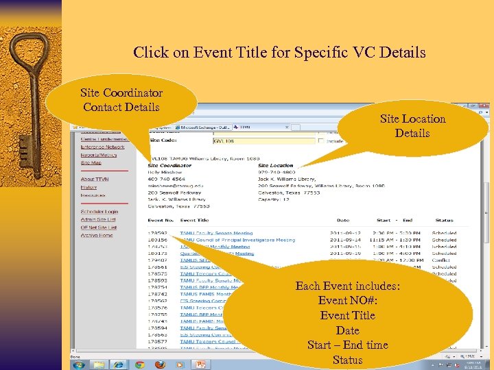 Click on Event Title for Specific VC Details Site Coordinator Contact Details Site Location