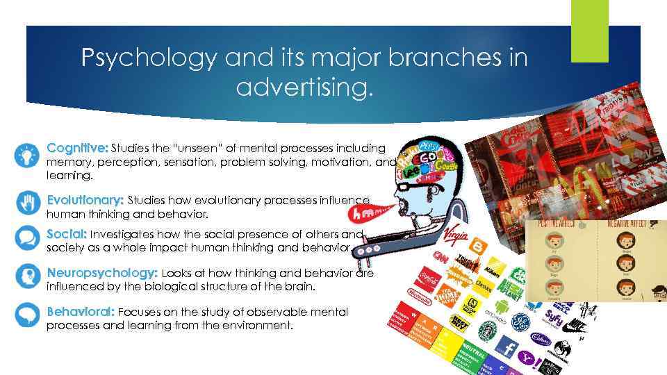 Psychology and its major branches in advertising. Cognitive: Studies the “unseen” of mental processes