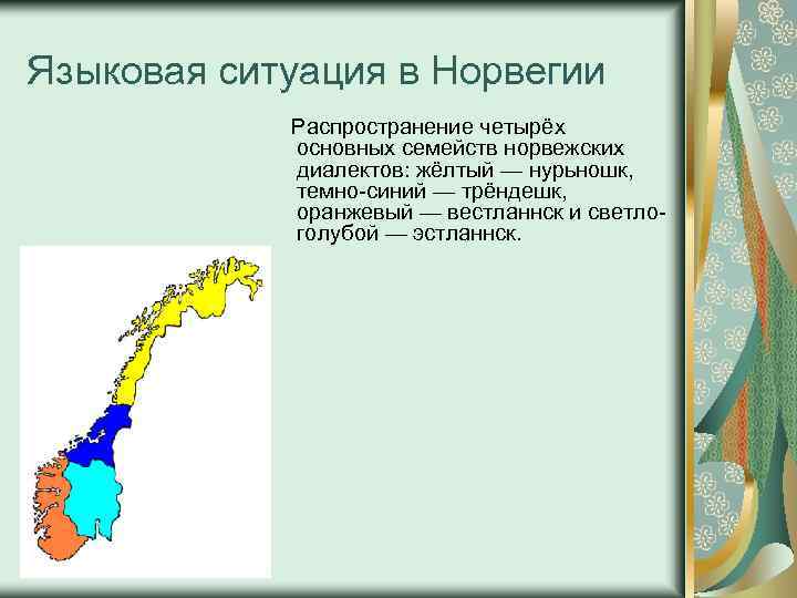 Языковая ситуация в Норвегии Распространение четырёх основных семейств норвежских диалектов: жёлтый — нурьношк, темно-синий
