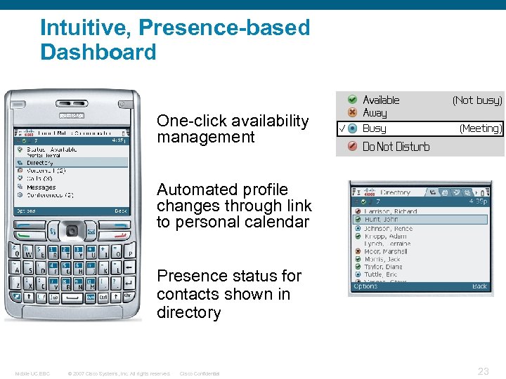 Intuitive, Presence-based Dashboard One-click availability management Automated profile changes through link to personal calendar