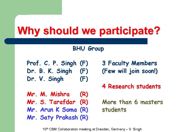 Why should we participate? BHU Group Prof. C. P. Singh (F) Dr. B. K.