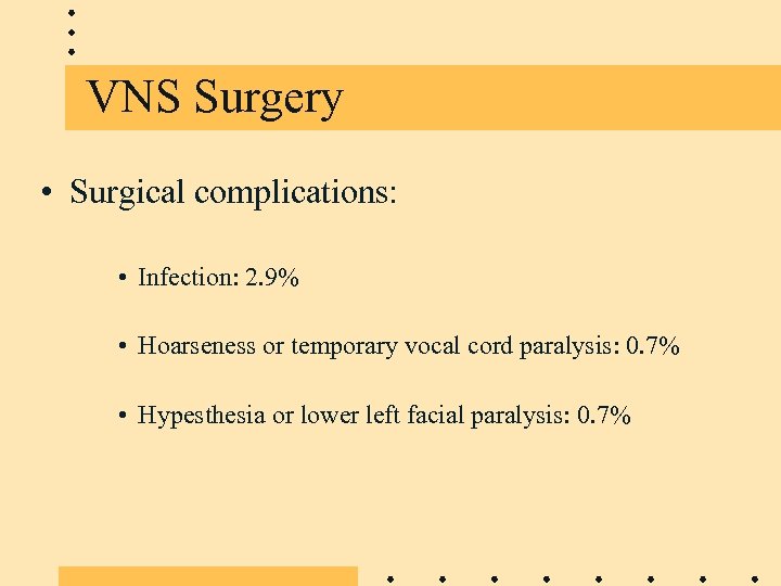 VNS Surgery • Surgical complications: • Infection: 2. 9% • Hoarseness or temporary vocal