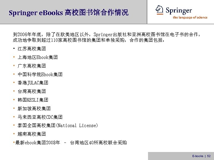 Springer e. Books 高校图书馆合作情况 到 2006年年底，除了在欧美地区以外，Springer出版社和亚洲高校图书馆在电子书的合作， 成功地争取到超过110家高校图书馆的集团和单独采购，合作的集团包括： • 江苏高校集团 • 上海地区Ebook集团 • 广东高校集团 •
