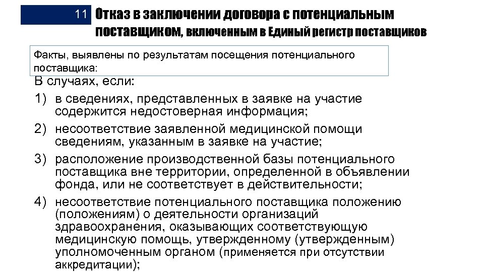 11 Отказ в заключении договора с потенциальным поставщиком, включенным в Единый регистр поставщиков Факты,