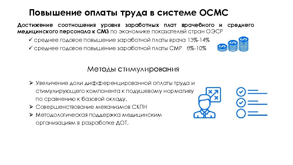 Повышение оплаты труда в системе ОСМС Достижение соотношения уровня заработных плат врачебного и среднего