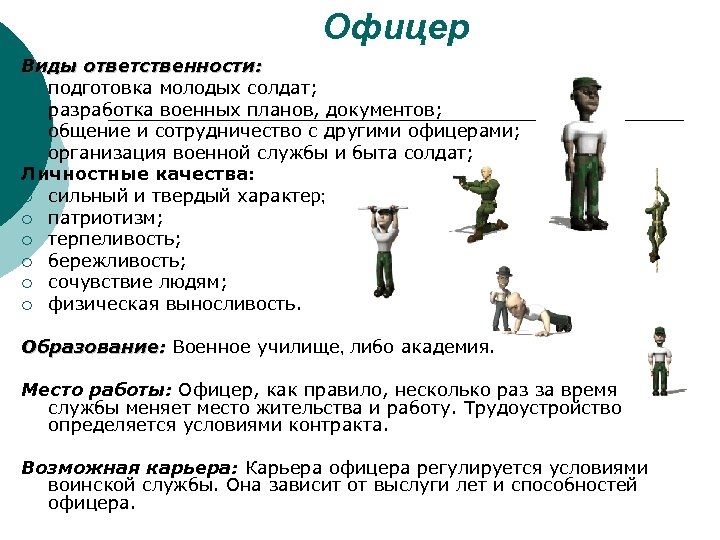 Офицер Виды ответственности: ¡ подготовка молодых солдат; ¡ разработка военных планов, документов; ¡ общение