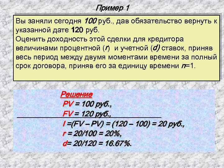 Пример 1 Вы заняли сегодня 100 руб. , дав обязательство вернуть к указанной дате