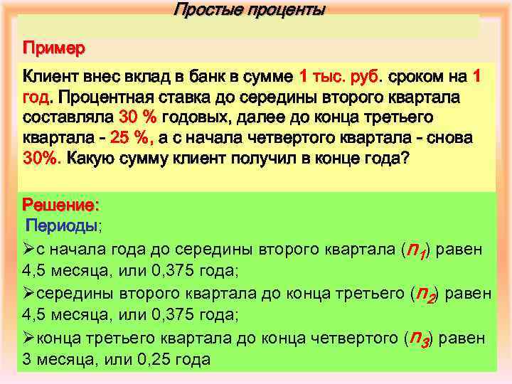 Простые проценты Пример Клиент внес вклад в банк в сумме 1 тыс. руб. сроком