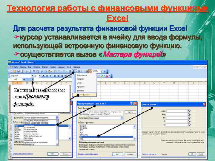 Технология работы с финансовыми функциями Excel Для расчета результата финансовой функции Excel Fкурсор устанавливается