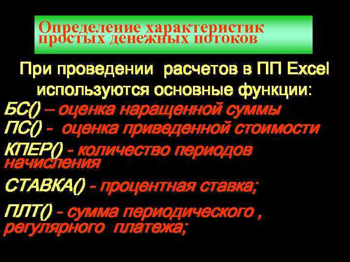 Определение характеристик простых денежных потоков При проведении расчетов в ПП Excel используются основные функции: