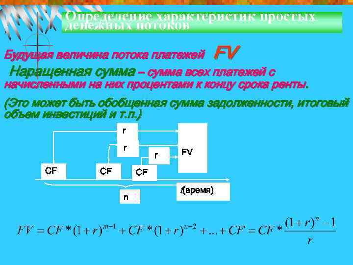 Определение характеристик простых денежных потоков Будущая величина потока платежей FV Наращенная сумма – сумма