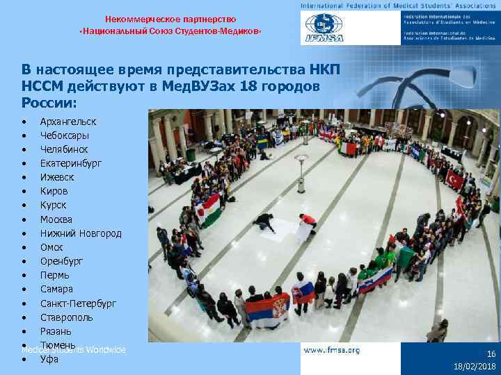 Некоммерческое партнерство «Национальный Союз Студентов-Медиков» В настоящее время представительства НКП НССМ действуют в Мед.